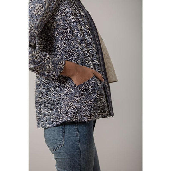 Women's Block Printed Handwoven Cotton Kimono Jacket- Indigo