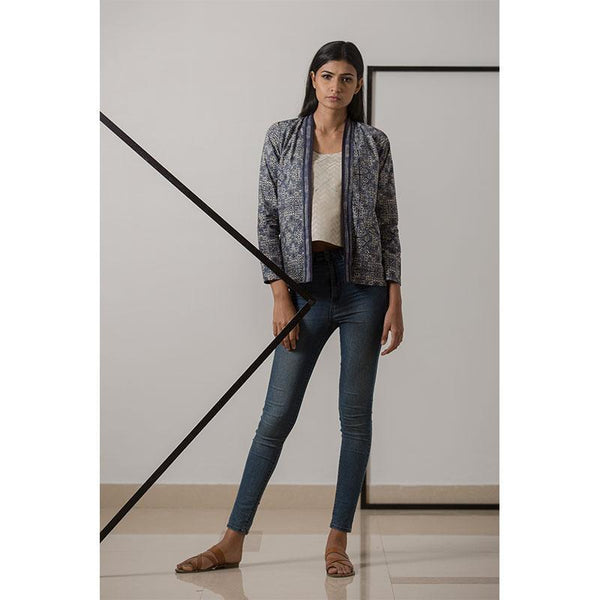 Women's Block Printed Handwoven Cotton Kimono Jacket- Indigo