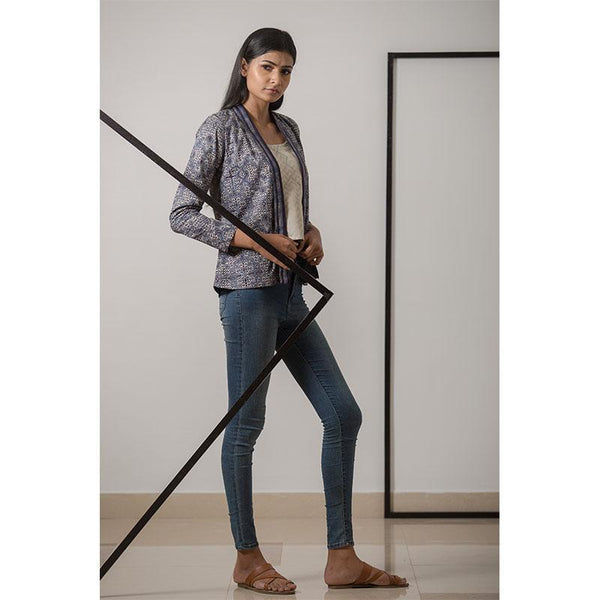 Women's Block Printed Handwoven Cotton Kimono Jacket- Indigo