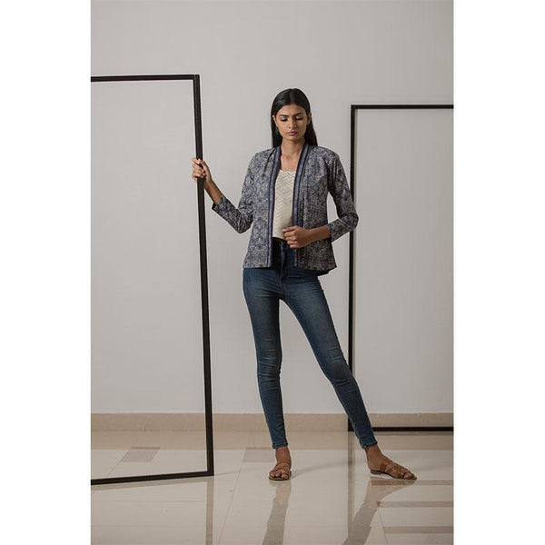 Women's Block Printed Handwoven Cotton Kimono Jacket- Indigo