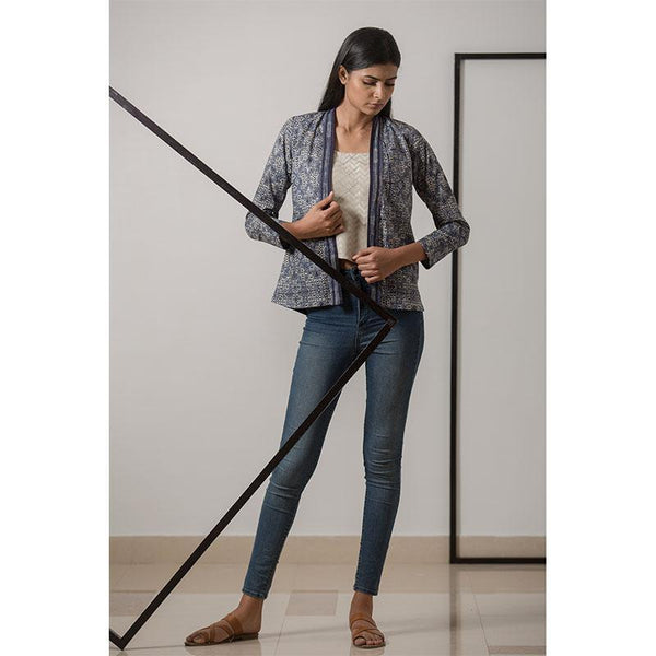 Women's Block Printed Handwoven Cotton Kimono Jacket- Indigo