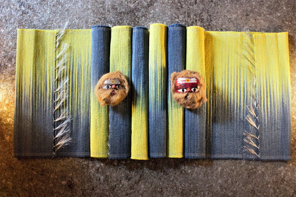 Set of Handwoven Hibiscus Fibre Runner and 6 Placemats (Blue and Yellow)