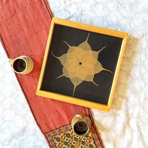 Handcrafted Square Serving Tray embellished with Dried Peepal Leaves (Blue )