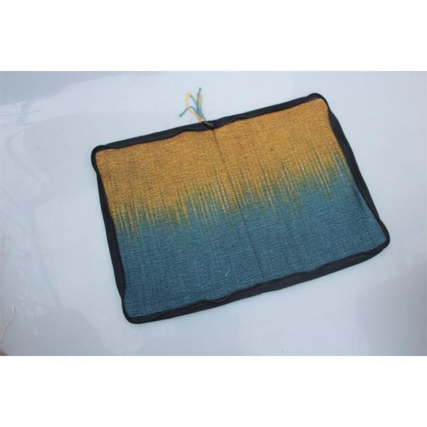 iPad Sleeve Made with Woven Banana and Hibiscus Fibre - Blue and Yellow with Flower Motif