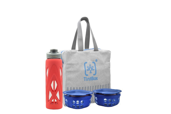 Borosilicate Glass Lunchbox Set with Protective Silicone Sleeve (Set of 2 Boxes - 300ml each) + Glass Water Bottle (750ml) + Canvas Carry Bag Combo