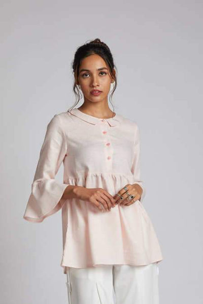 Women's Hemp Bridge Gathered Top - Peach Stripes