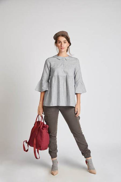 Women's Natural Hemp Bridge Gathered Top - Blue Stripes