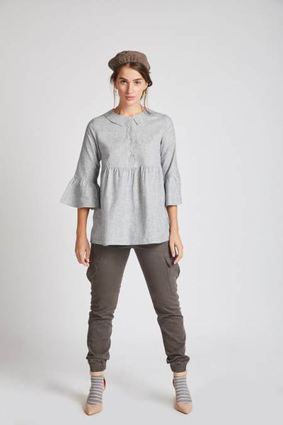 Women's Natural Hemp Bridge Gathered Top - Blue Stripes