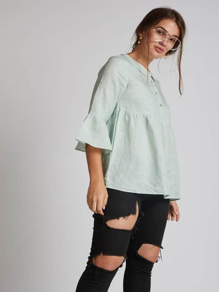 Women's Hemp Bridge Gathered Top - Mint Green