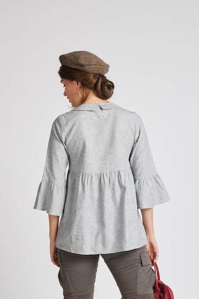 Women's Natural Hemp Bridge Gathered Top - Blue Stripes