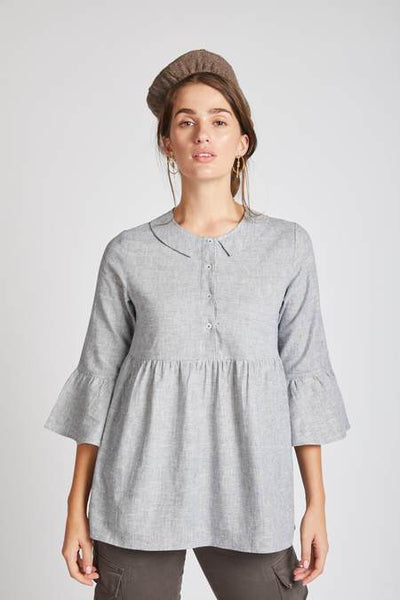 Women's Natural Hemp Bridge Gathered Top - Blue Stripes