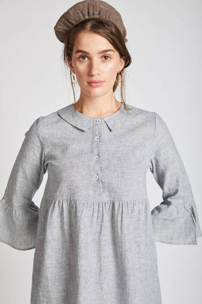 Women's Natural Hemp Bridge Gathered Top - Blue Stripes