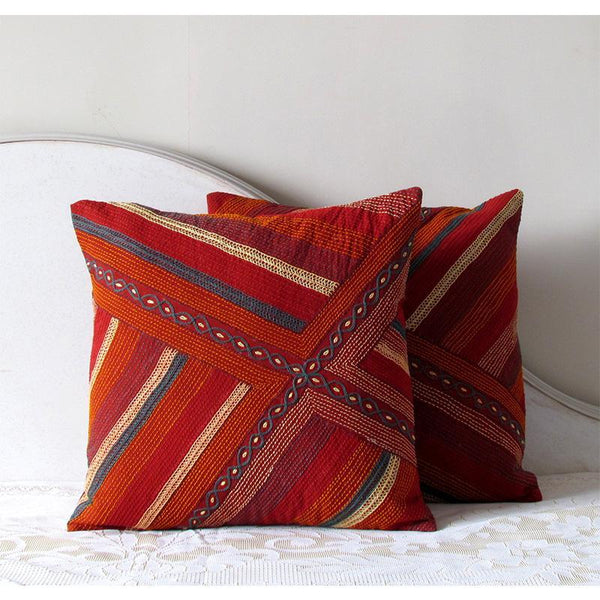 Striped Square Cushion Cover Hand Embroidered by Tribal Women Artisans (Brown)