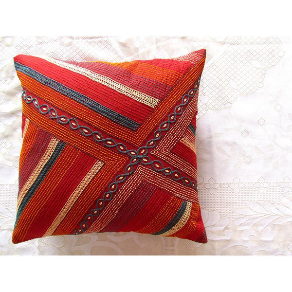Striped Square Cushion Cover Hand Embroidered by Tribal Women Artisans (Brown)