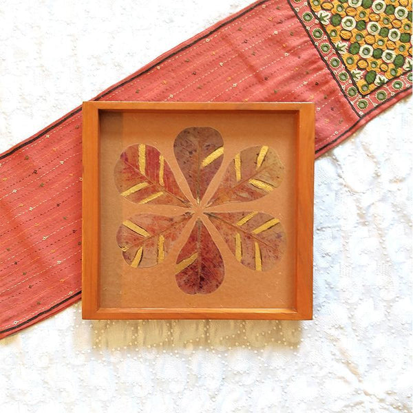 Handcrafted Square Serving Tray embellished with Dried Almond Leaves (Brown & Gold )