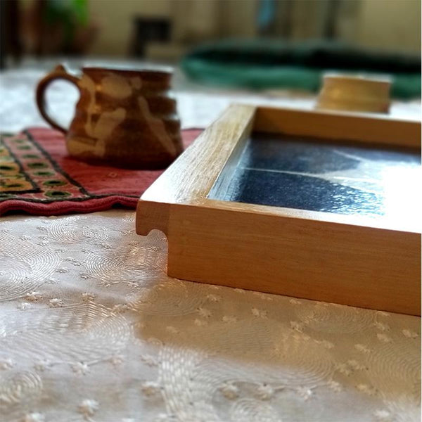 Handcrafted Square Serving Tray embellished with Dried Almond Leaves (Brown & Gold )
