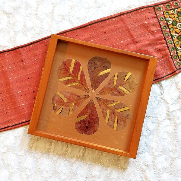Handcrafted Square Serving Tray embellished with Dried Almond Leaves (Brown & Gold )