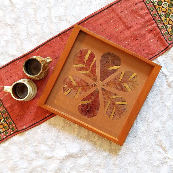 Handcrafted Square Serving Tray embellished with Dried Almond Leaves (Brown & Gold )