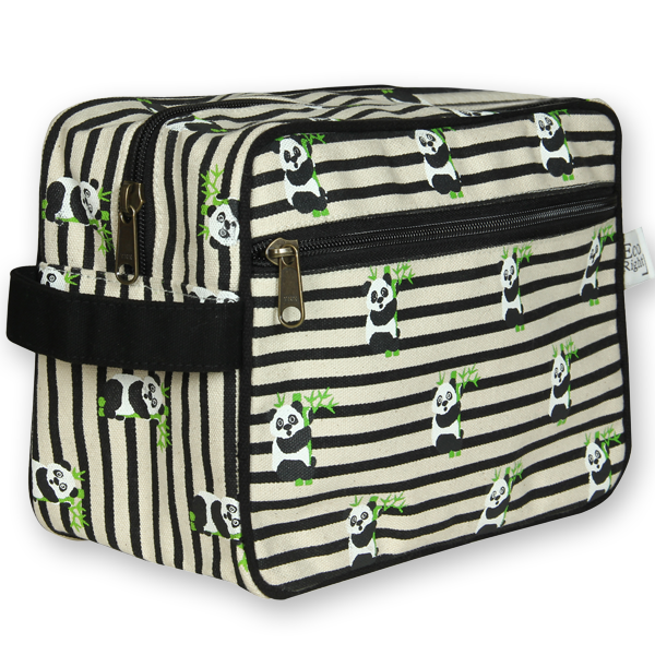 Reusable Natural Canvas Travel Pouch - Panda Stripes