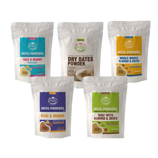 Combo Travel Pack - Instant Porridge Mixes & Dry Dates Powder (Pack of 5), 50g each