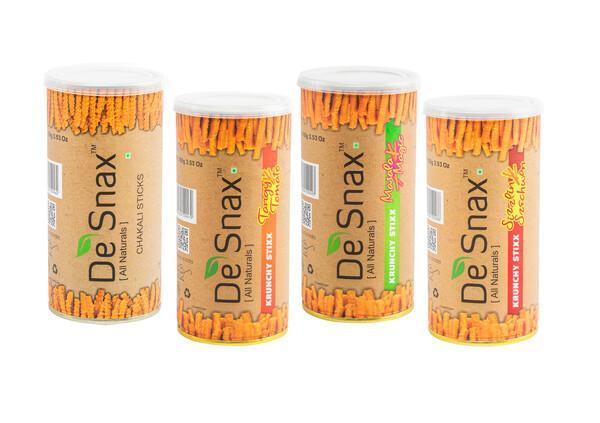 Combo Pack of Indian Snacks - 1 Chakli Sticks + Krunchy Stixx 1 Masala Magic, 1 Tangy Tomato and 1 Sizzlin Szechwan (Pack of 4)