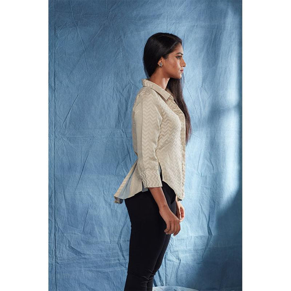 Handwoven Cotton-Linen Jacquard Collar Shirt - Khaki
