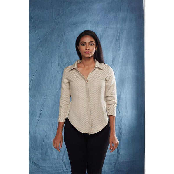 Handwoven Cotton-Linen Jacquard Collar Shirt - Khaki