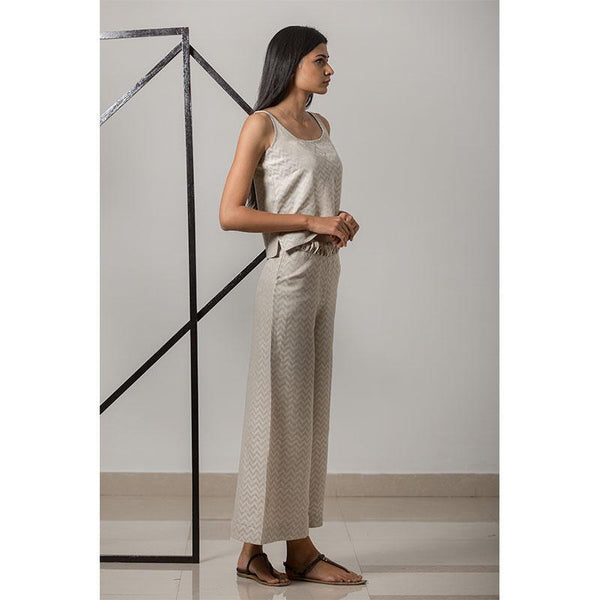 Handwoven Cotton-Linen Jacquard Wide Leg Women's Pants - Khaki