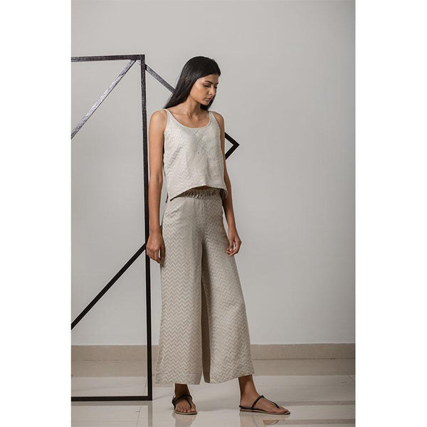 Handwoven Cotton-Linen Jacquard Wide Leg Women's Pants - Khaki