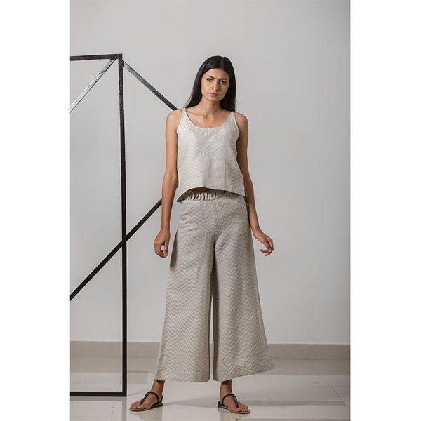 Handwoven Cotton-Linen Jacquard Wide Leg Women's Pants - Khaki