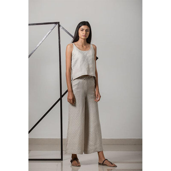 Handwoven Cotton-Linen Jacquard Wide Leg Women's Pants - Khaki