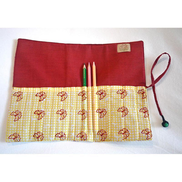 Cotton Block Printed Pencil Roll - Orange and Green