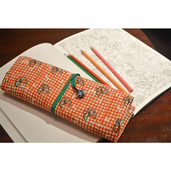 Cotton Block Printed Pencil Roll - Yellow and Red