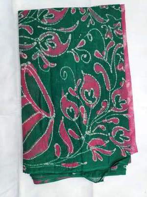 Cotton Wax Batik Saree- Green and Rose Pink