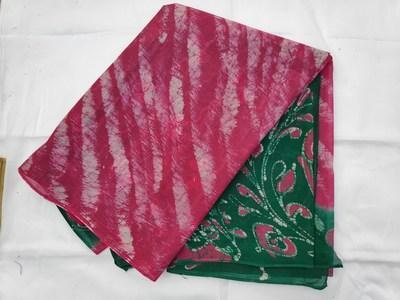 Cotton Wax Batik Saree- Green and Rose Pink