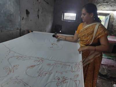 Cotton Wax Batik Saree- Pink and Ink Blue