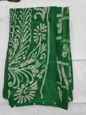 Cotton Wax Batik Saree-  Green and White