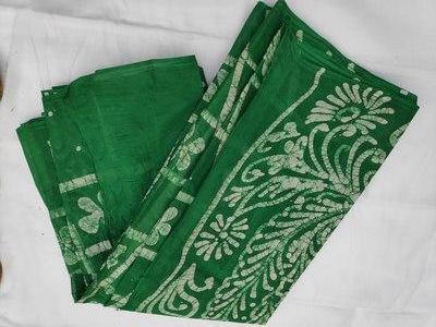 Cotton Wax Batik Saree-  Green and White
