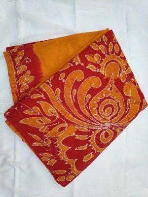 Cotton Wax Batik Saree-  Red and Yellow