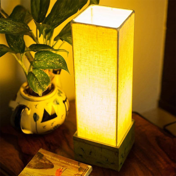 Wooden Table Lamp Carved by Traditional Artisans - Antique Green