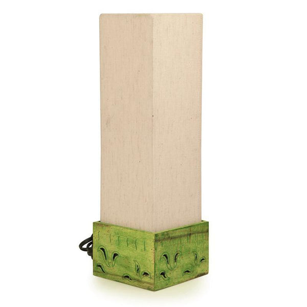 Wooden Table Lamp Carved by Traditional Artisans - Antique Green