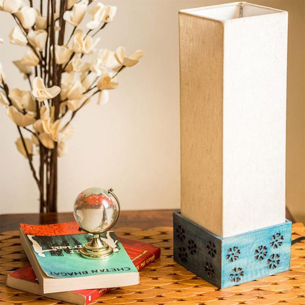 Hand Carved Wooden Table Lamp Crafted by Traditional Artisans - Blue