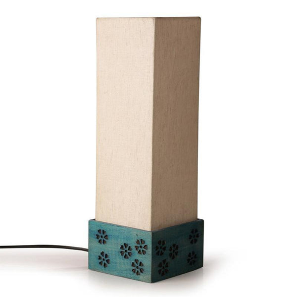 Hand Carved Wooden Table Lamp Crafted by Traditional Artisans - Blue