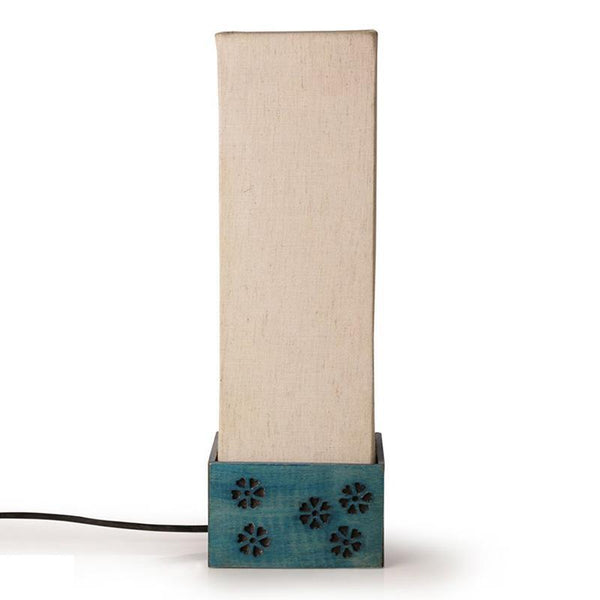 Hand Carved Wooden Table Lamp Crafted by Traditional Artisans - Blue