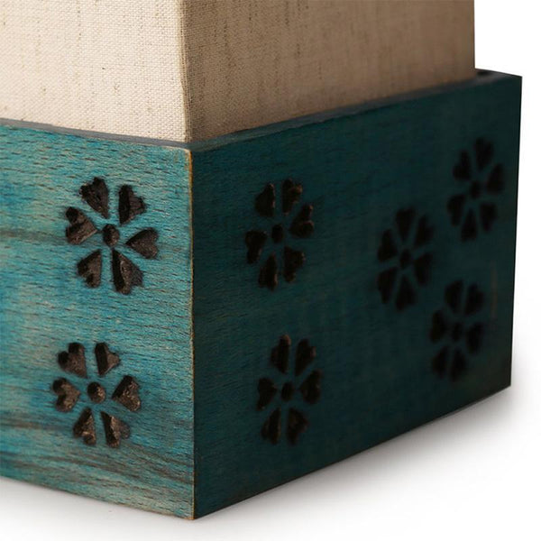Hand Carved Wooden Table Lamp Crafted by Traditional Artisans - Blue