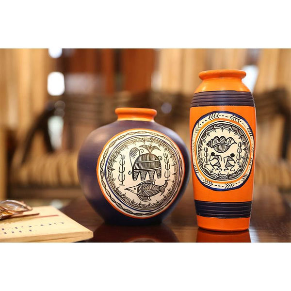 Combo Of Hand-Painted Terracotta  Vases Created by Traditional Artisans (Set of 2)