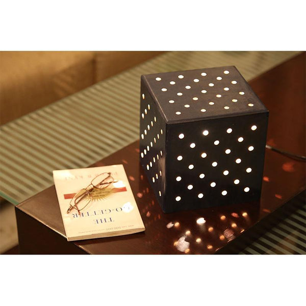 Wooden Dice-Shaped Table Lamp Created by Traditional Artisans - Blue