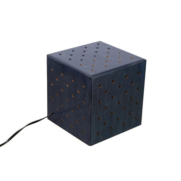 Wooden Dice-Shaped Table Lamp Created by Traditional Artisans - Blue