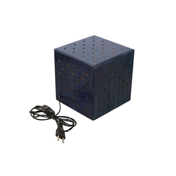 Wooden Dice-Shaped Table Lamp Created by Traditional Artisans - Blue