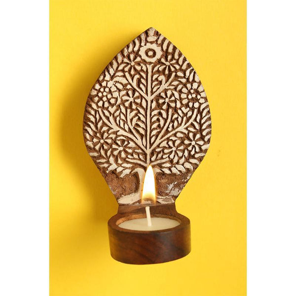 Hand-Carved Wooden Tealight Holder (Small ) created by Traditional Artisans